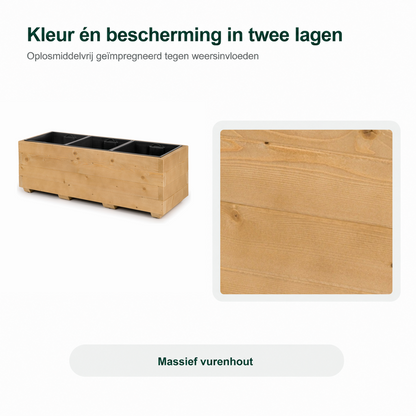 Detail van light oak plantenbak 91 cm: oplosmiddelvrij geïmpregneerd in twee lagen tegen weersinvloeden 