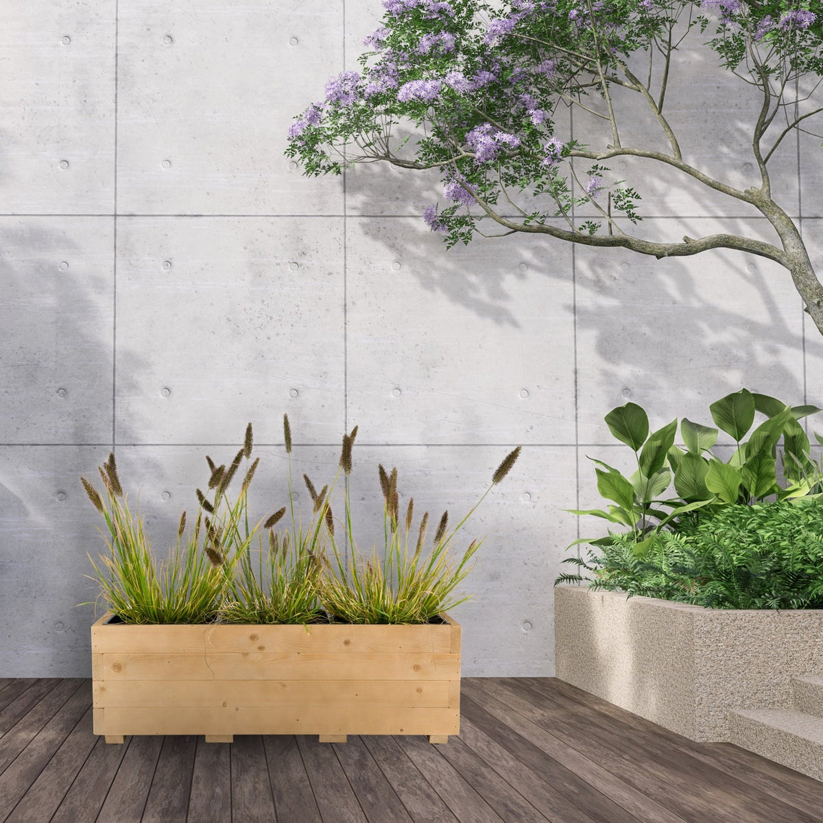 Houten plantenbak 91 cm in light oak met echte beplanting in een tuinsituatie 