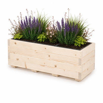 Houten plantenbak 91 cm met drie binnenbakken in naturel, rustig beplant met zichtbare aarde op witte achtergrond 