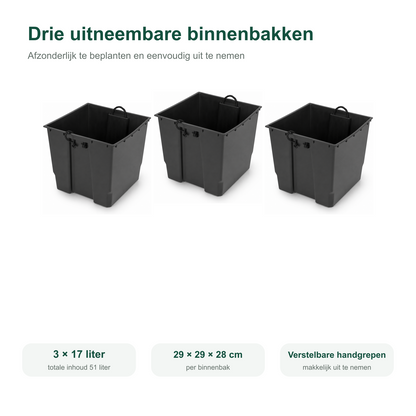 Drie uitneembare binnenbakken voor houten plantenbak 91 cm in naturel 