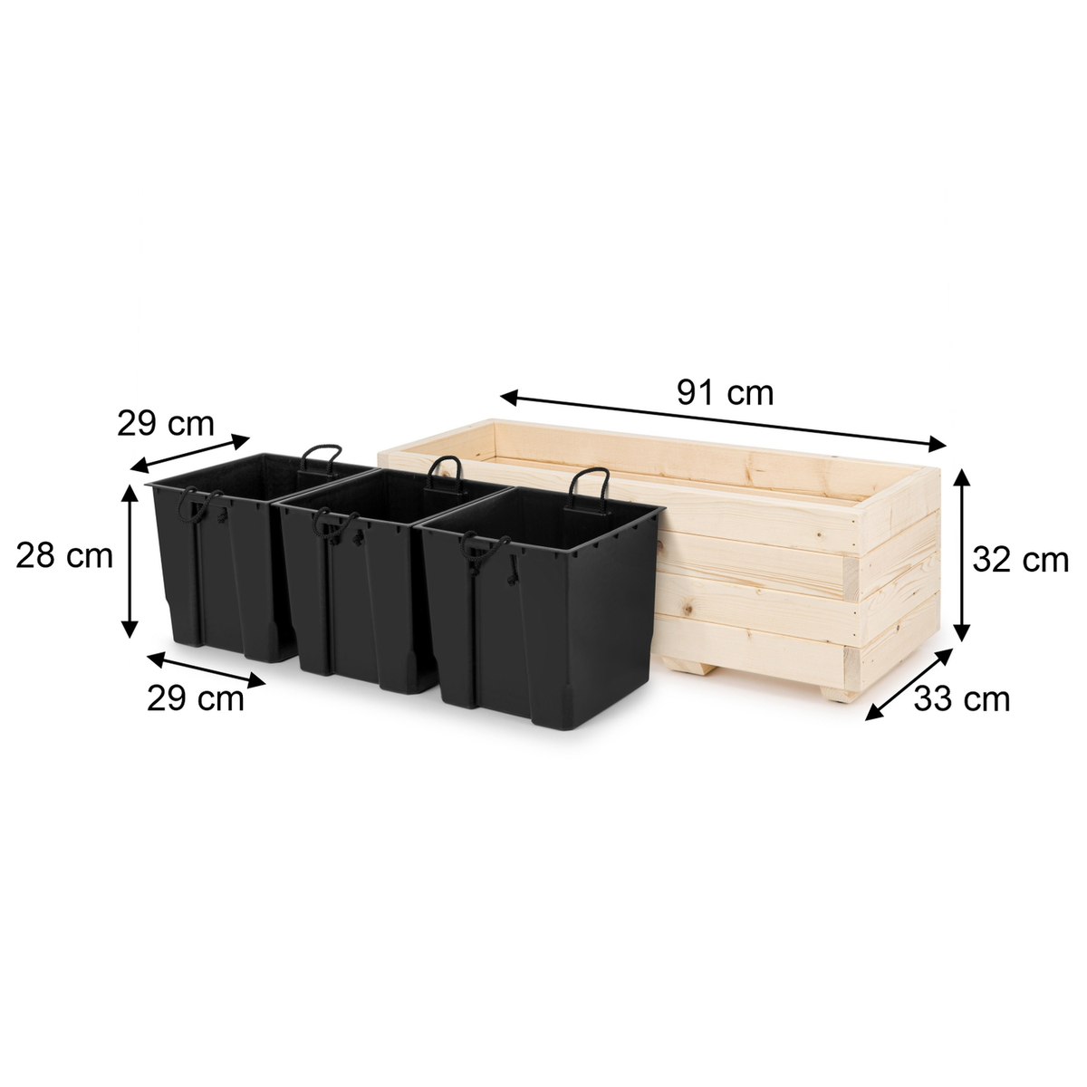 Afmetingen houten plantenbak 91 × 33 × 32 cm en binnenbakken 29 × 29 × 28 cm in naturel 