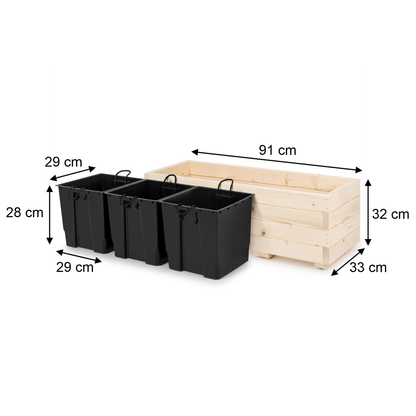 Afmetingen houten plantenbak 91 × 33 × 32 cm en binnenbakken 29 × 29 × 28 cm in naturel 