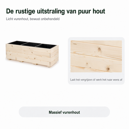 Afwerking van massief vurenhout van plantenbak 91 cm in naturel: licht hout dat naar wens kan vergrijzen of worden afgewerkt 