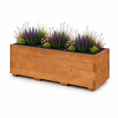 Houten plantenbak 91 cm met drie binnenbakken in walnoot, rustig beplant met zichtbare aarde op witte achtergrond 