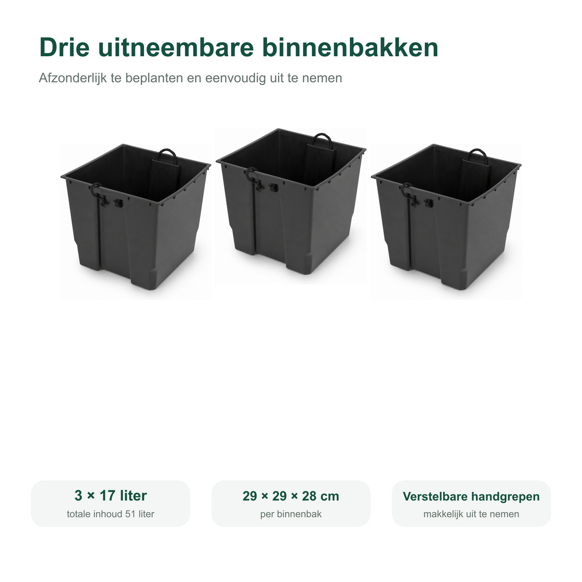 Drie uitneembare binnenbakken voor houten plantenbak 91 cm in walnoot 
