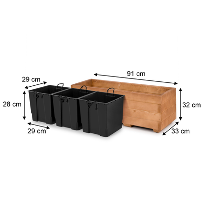 Afmetingen houten plantenbak 91 × 33 × 32 cm en binnenbakken 29 × 29 × 28 cm in walnoot 