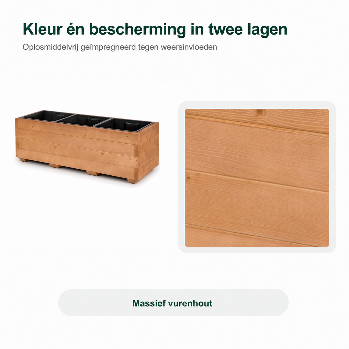 Detail van walnoot plantenbak 91 cm: oplosmiddelvrij geïmpregneerd in twee lagen tegen weersinvloeden 