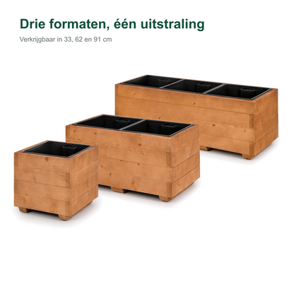Formaatvergelijking houten plantenbakken met binnenbak van 33, 62 en 91 cm in walnoot 
