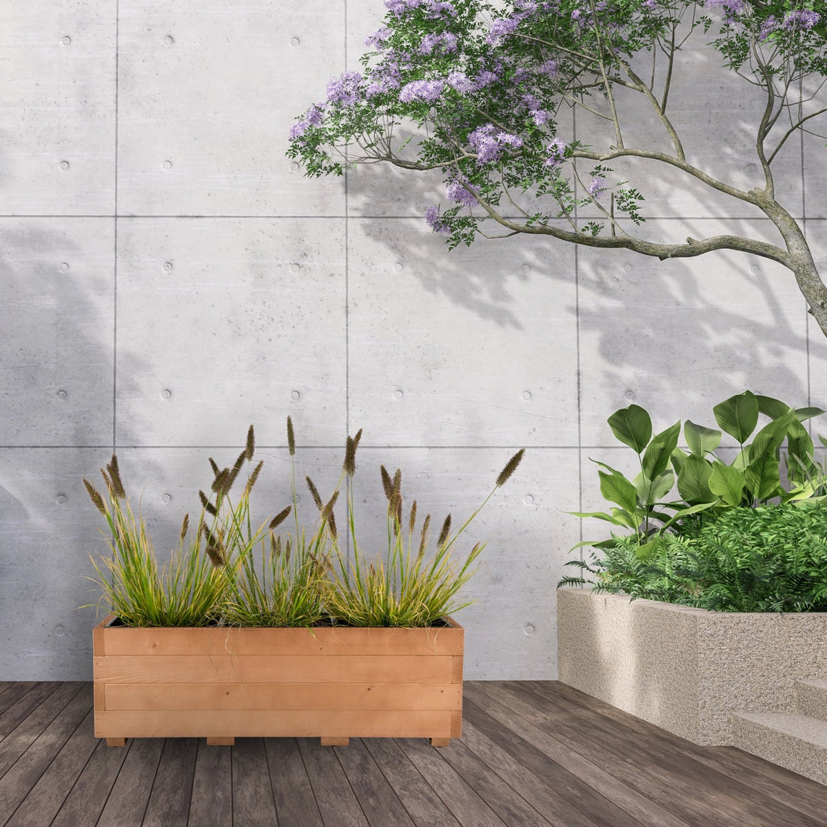 Houten plantenbak 91 cm in walnoot met echte beplanting in een tuinsituatie 